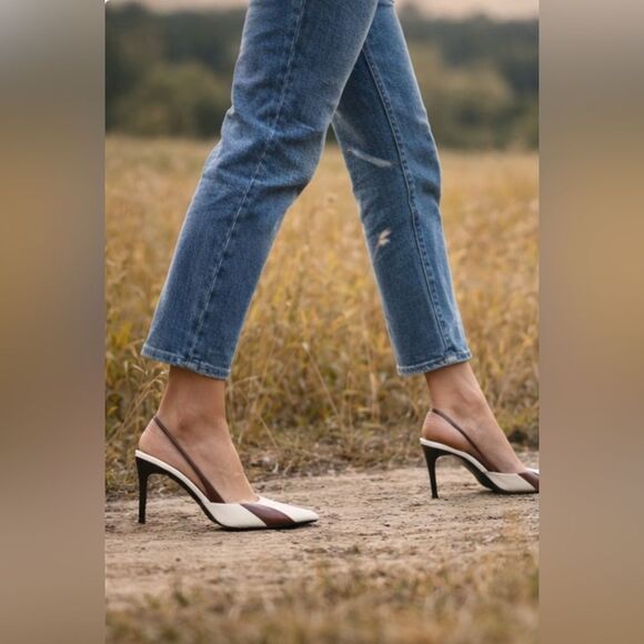 Vintage Ralph Lauren RARE Stripe Brown & White Leather Oxford Slingback Pumps - Picture 3 of 12